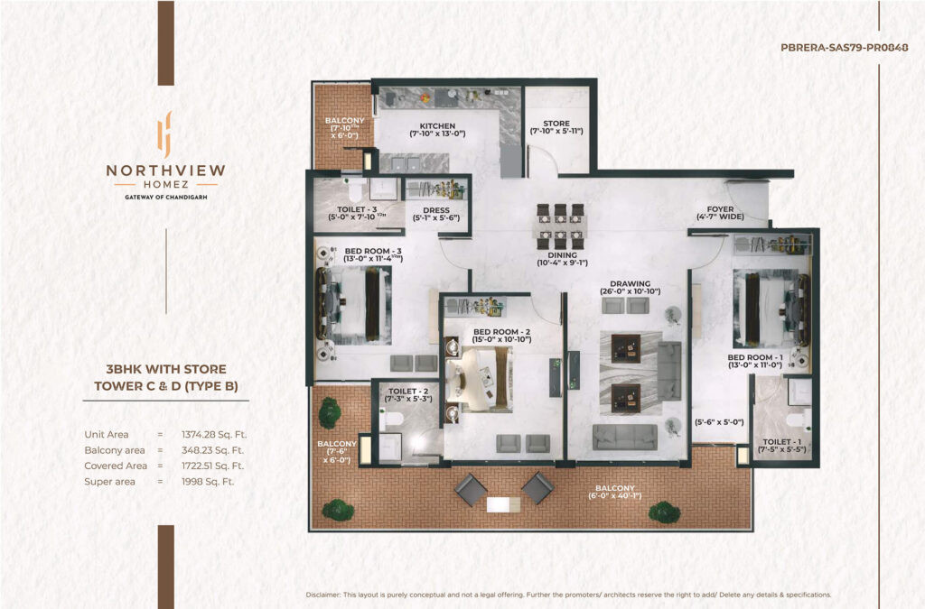 3BHK 1998 Sq. Ft. Floor Plan