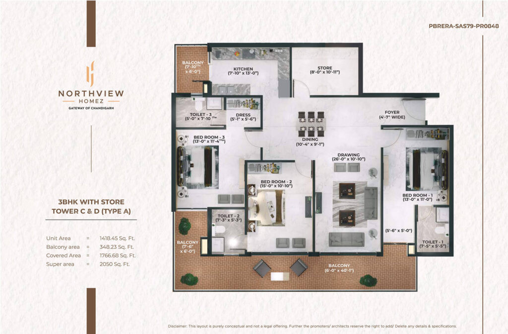 3BHK 2050 Sq. Ft. Floor Plan