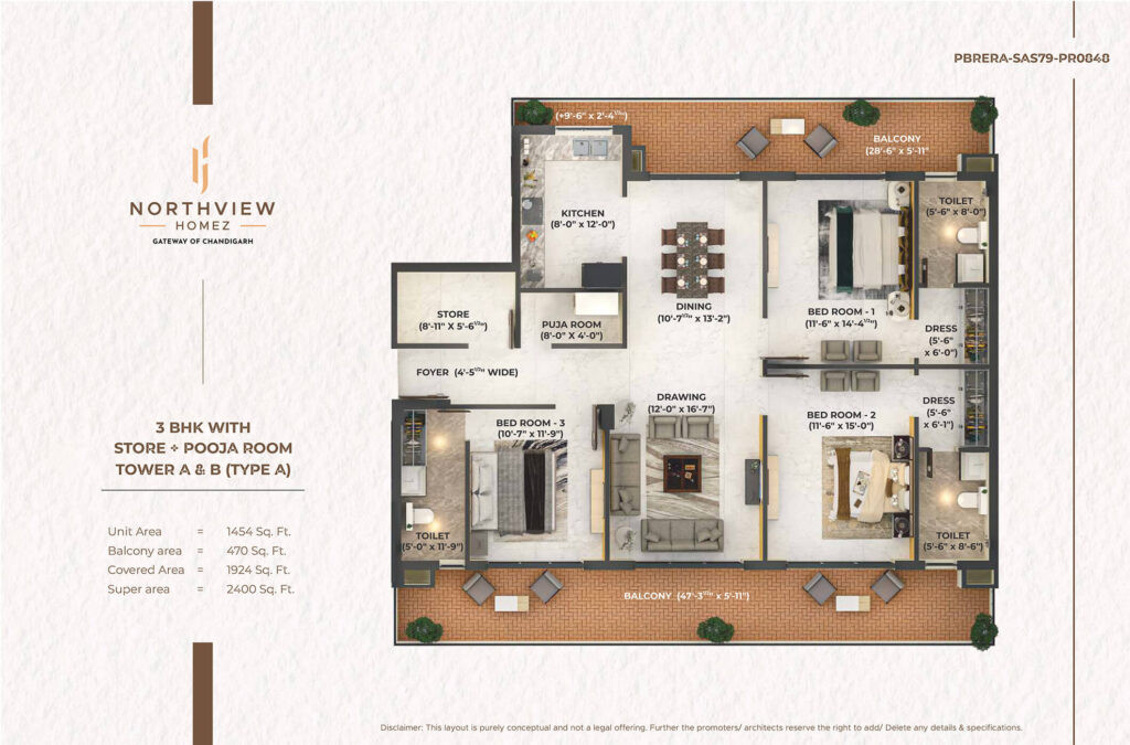 3BHK 2400 Sq. Ft. Floor Plan