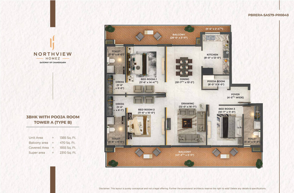3BHK 2310 Sq. Ft. Floor Plan