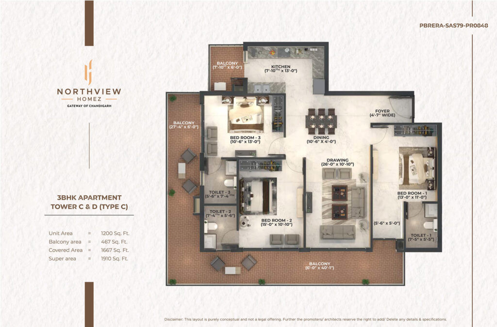 3BHK 1910 Sq. Ft. Floor Plan