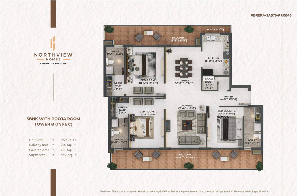 3BHK 2255 Sq. Ft. Floor Plan