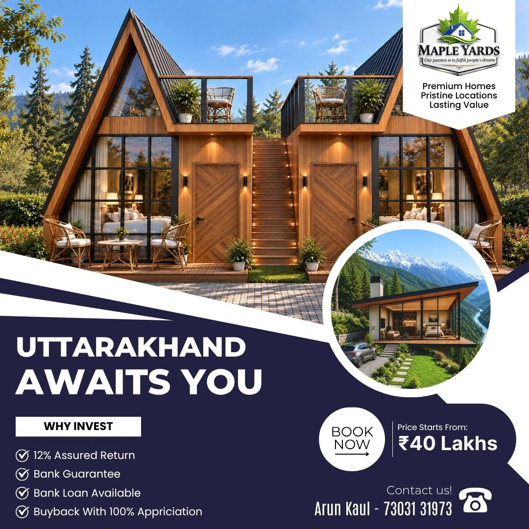 Independent Holiday cottages in Almora district with 100% buy back option.1% Monthly Assured Return for 24 Months,  30 Days Complimentary Stay Every Year, 180° Himalayan, River & Valley Views, Luxury Cottages Starting from ₹45 Lacs