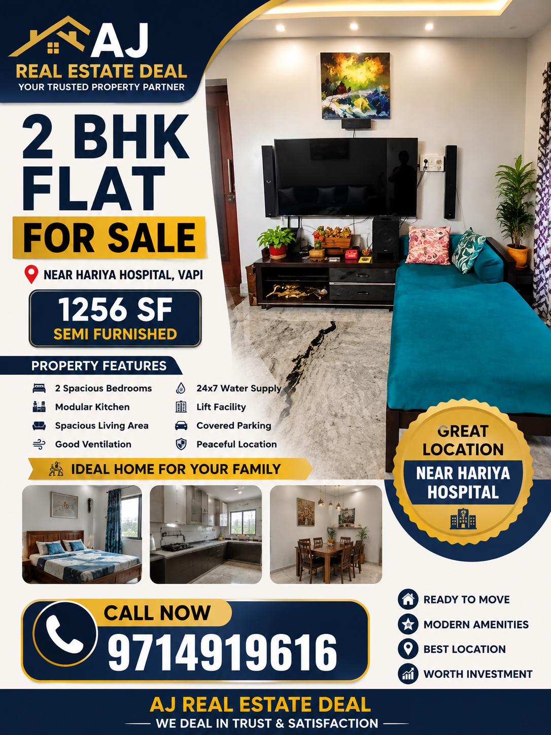 1256 sf flat sale 3 floor semi furnished near hariya hospital gunjan Vapi Gujara…